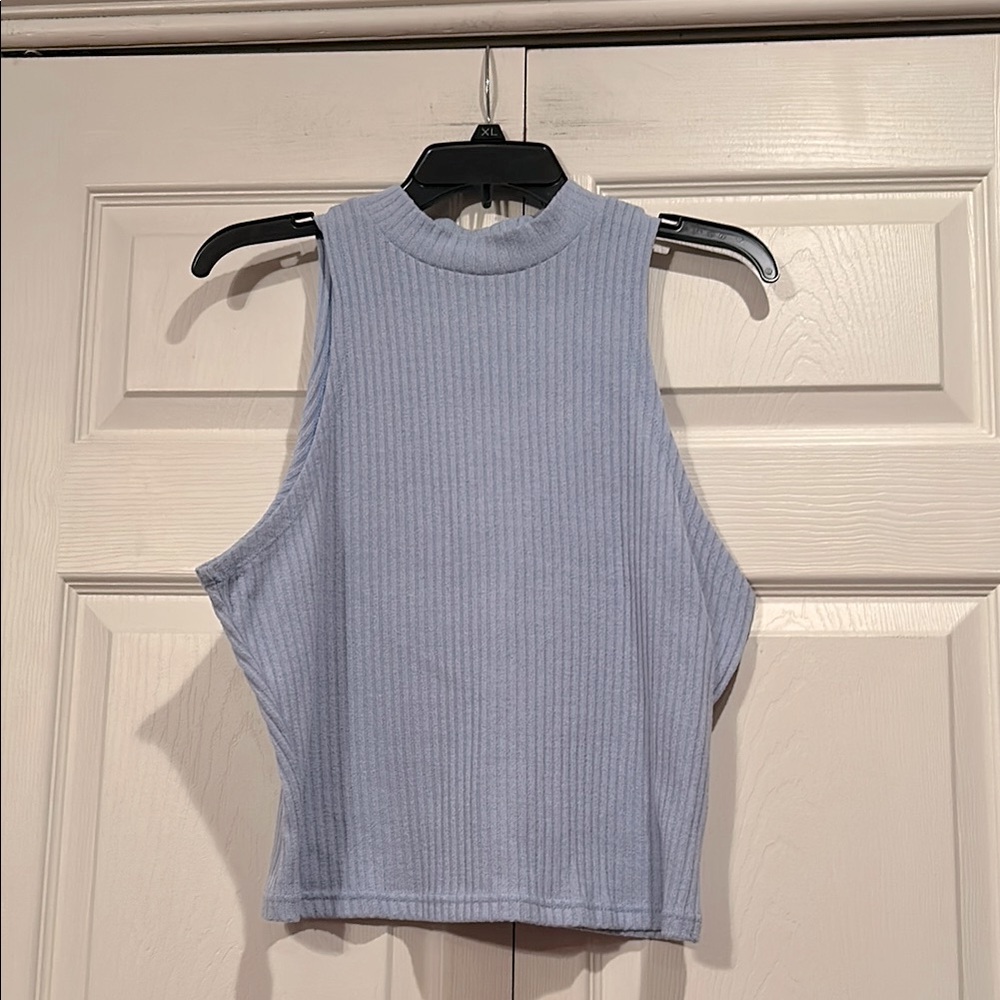 Shein Curve 2XL - Mock Neck, Sleeveless Ribbed Blue Top with deep cut arms.
